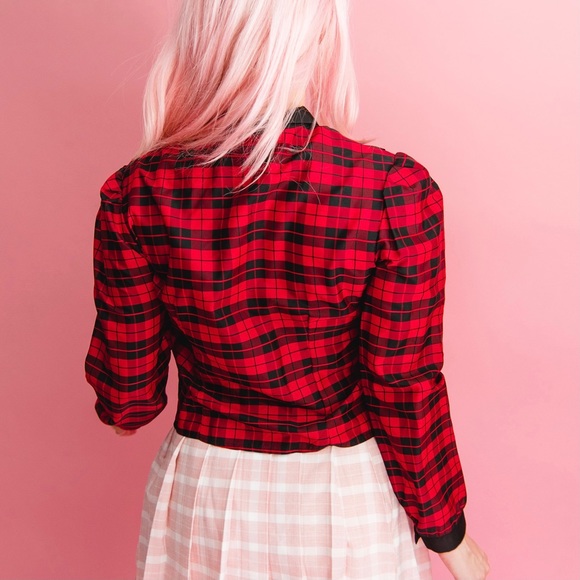 Vintage Red Plaid Tuxedo Style Blouse S - Picture 4 of 5